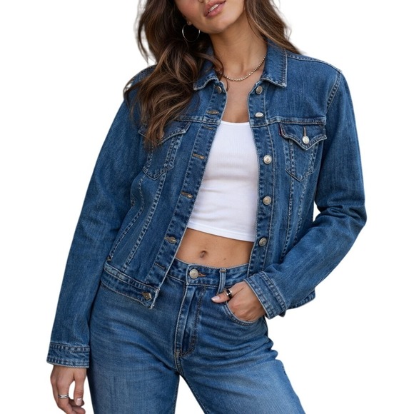 Levi's Jackets & Blazers - Levis Womens XL Medium Wash Denim Trucker Jacket Blue Cotton Blend Button Up